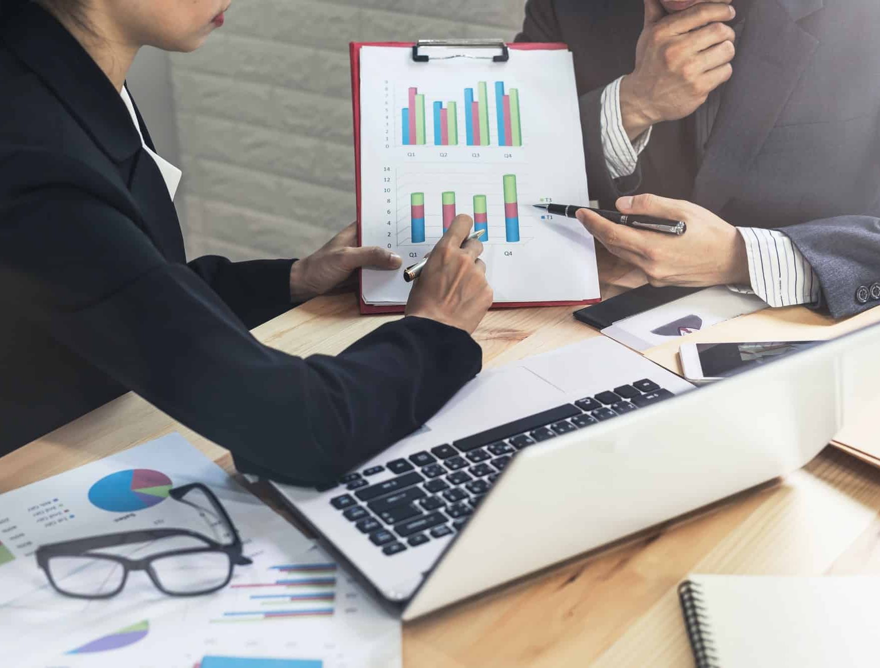 Coworkers team brainstorming and meeting to discuss and analysis